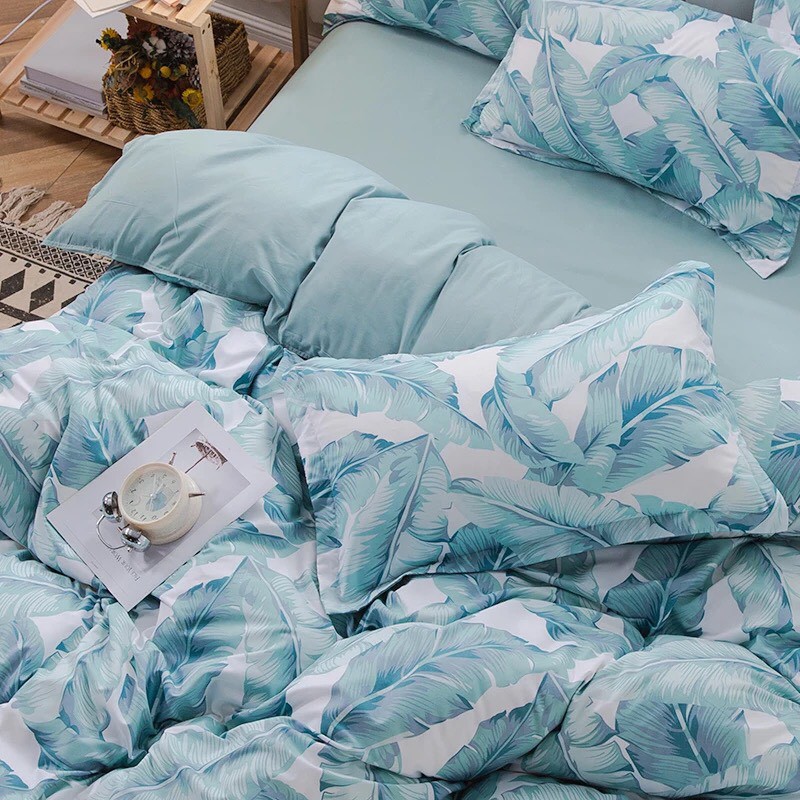 Bộ Chăn Ga Cotton Poly Mẫu lá chuối ga xanh
