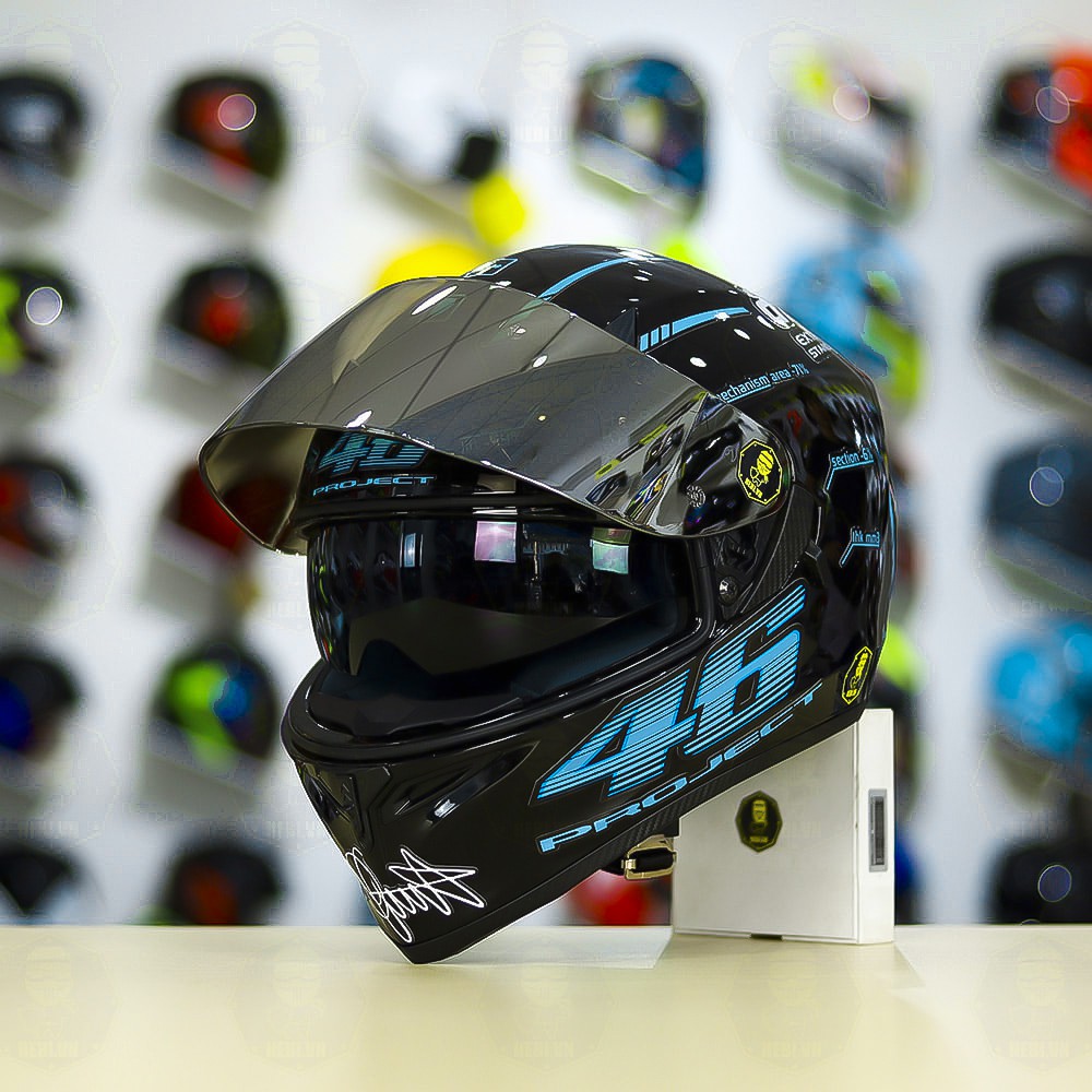 NÓN BẢO HIỂM ROC 05 2 KÍNH MÀU ĐEN BÓNG LÊN TEM 46 XANH DƯƠNG TẶNG KÈM PINLOCK VÀ HỘP CHÍNH HÃNG