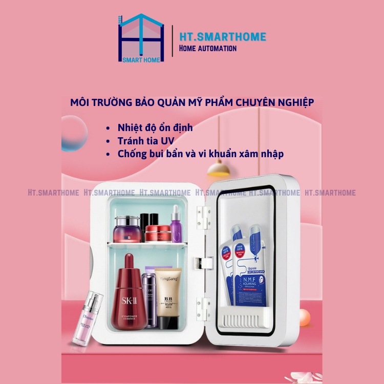 Tủ lạnh 8L tích hợp gương và đèn LED, hiển thị nhiệt độ SAST - Tủ lạnh mini cao cấp mỹ phẩm