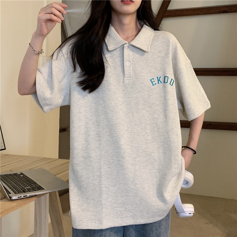 Áo polo SUXI tay ngắn dáng rộng màu trơn thêu chữ thời trang cho nữ