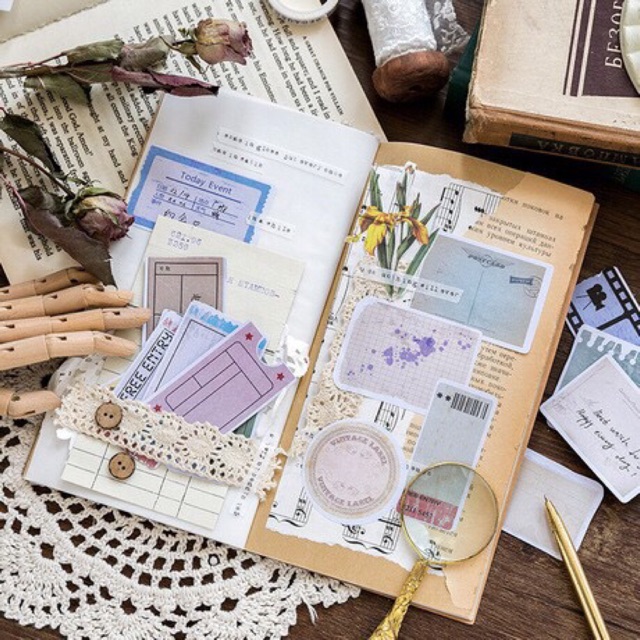 Set note, giấy nền, sticker Vintage trọn bộ làm sổ planner bullet journal