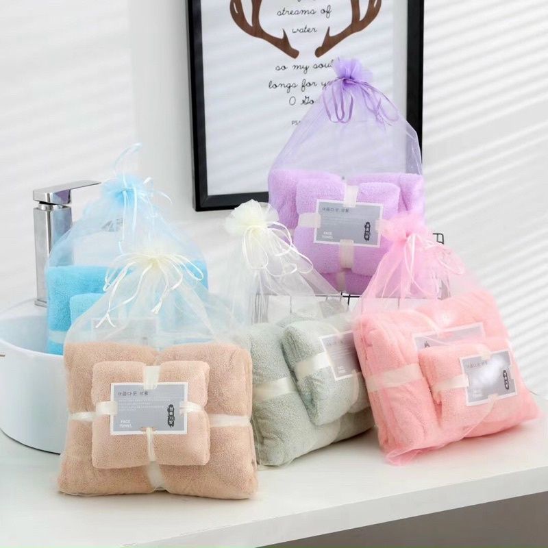 Set 2 khăn tắm gội siêu thấm hút đựng trong túi lưới