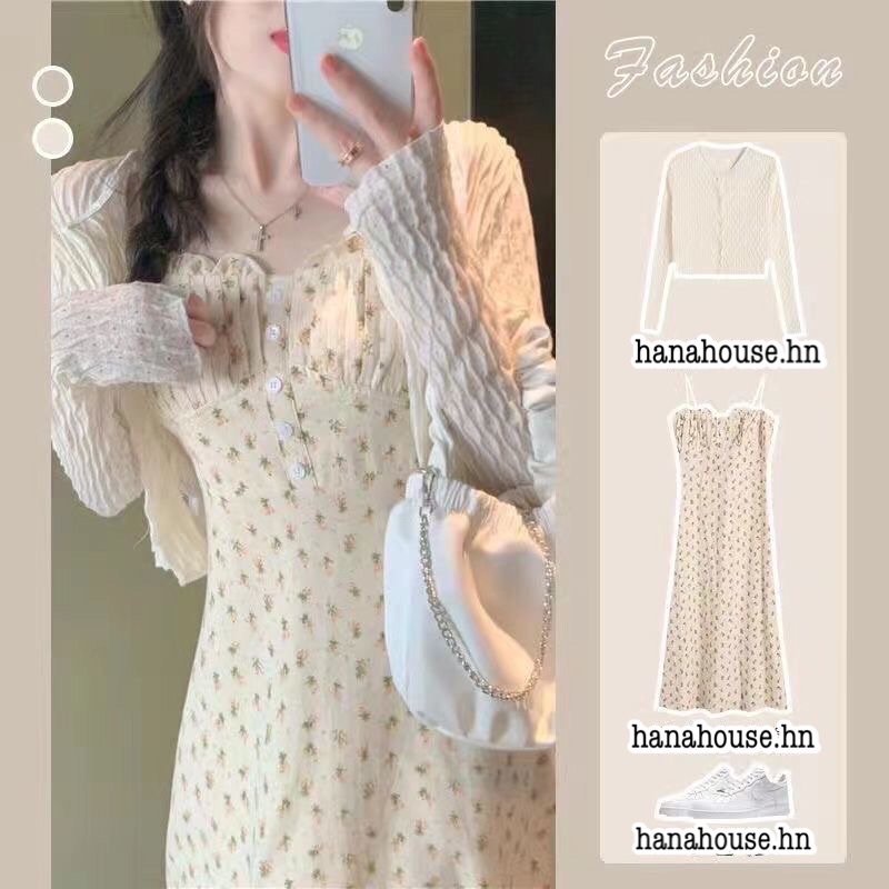 🔥 Váy Hai Dây Hoa Nhí + Áo Khoác Cardigan Mỏng Phong Cách Hàn Quốc S01