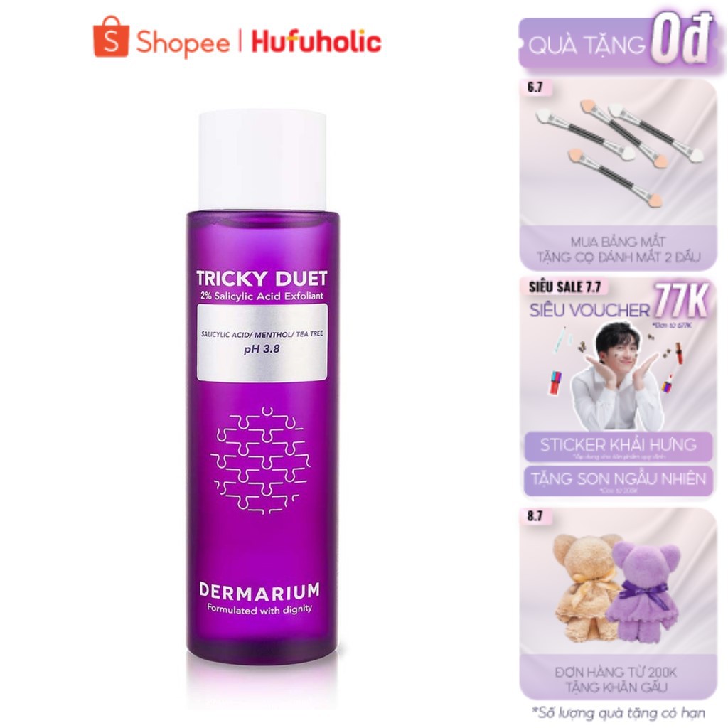 Toner BHA 2% DERMARIUM nước hoa hồng làm sạch tẩy da chết ngừa mụn Tricky Duet 2% Salicylic Acid Exfoliant 150ml DERM03
