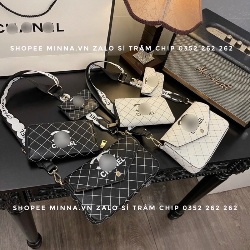 Túi Đeo Chéo Nữ Đẹp Sét 3 Món Dáng Bì Thư In Vạch Chéo Nổi