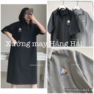 Đầm nữ polo dáng suông cộc tay in logo hoạt hình , Váy Phông Cộc Tay Cổ Bẻ Dáng Suông Ullzang,Hai Màu Đen Xám Freeship
