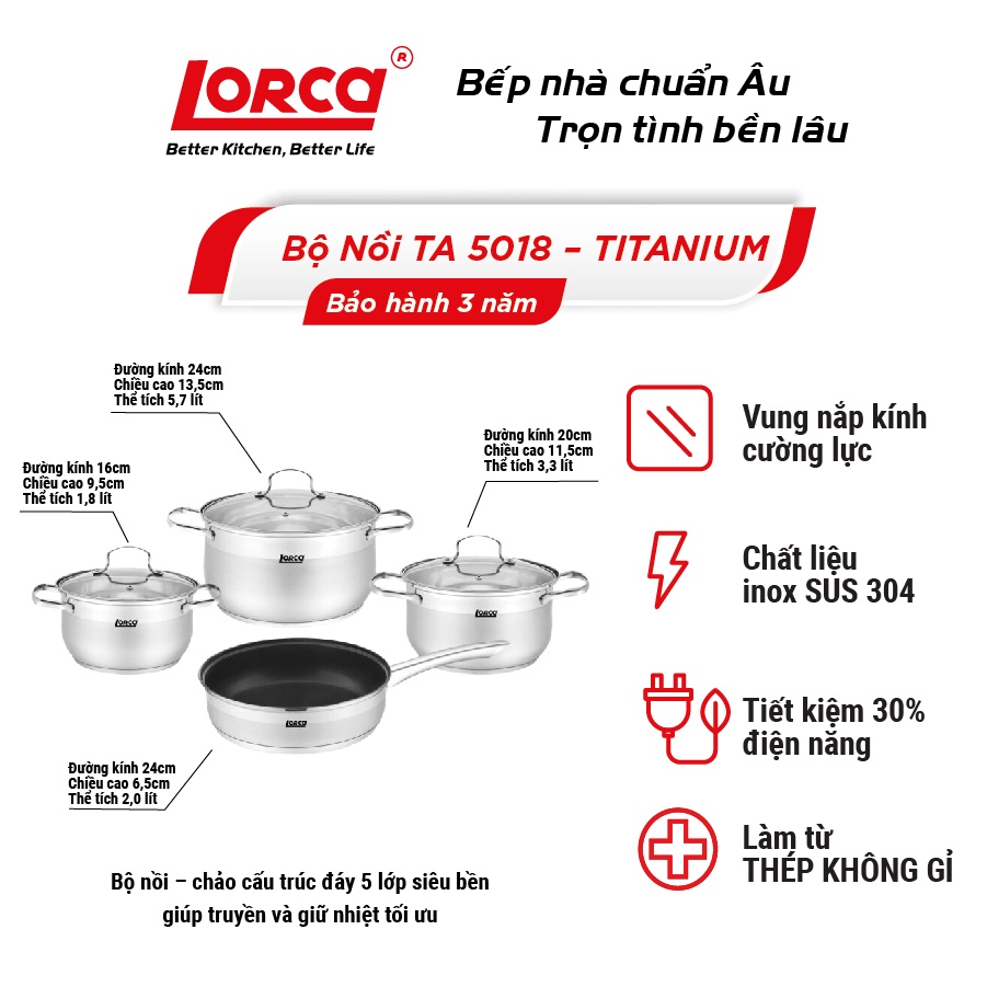 Bộ nồi đun cao cấp Lorca Titanium TA 5018- Bảo hành 3 năm