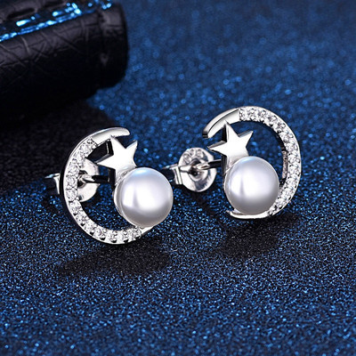 Bông Tai Bạc 925 Hình Trăng Sao Đính Ngọc Trai Lấp Lánh Phong Cách Hàn Quốc Thời Trang Cho Nữ-S1