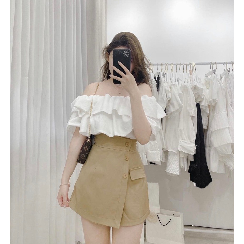 Sét trễ vai mix quần giả váy màu be siêu xinh Lolla-Fashion