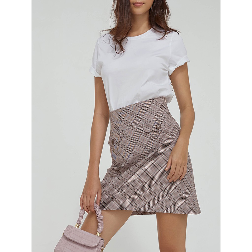 Chân váy caro nữ YV LE &amp; CO vải Poly Cotton màu xám caro hiện đại, trẻ trung
