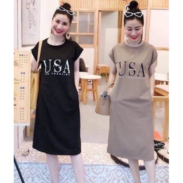Đầm suông chát cotton in chữ USA freesize dáng dài - Váy thun dạo phố cổ tròn hai màu đen nâu sang chảnh