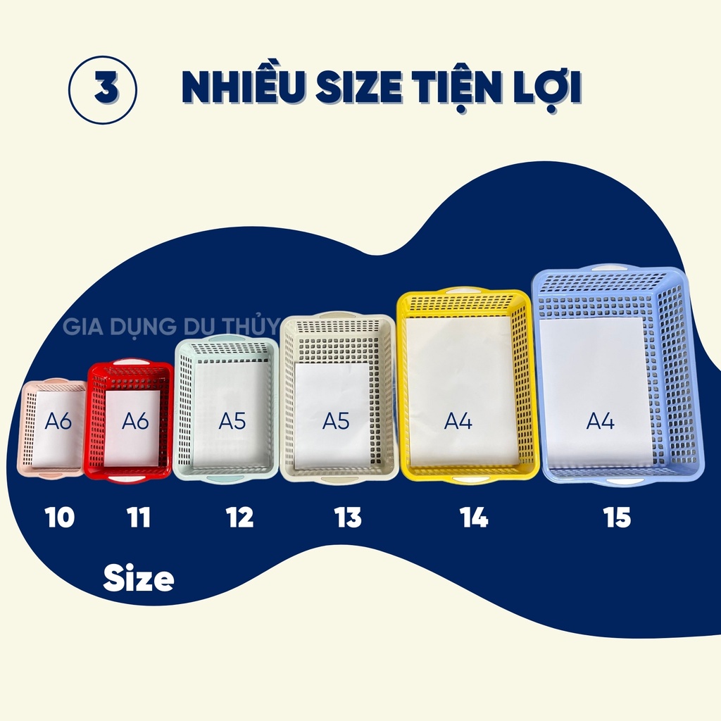 Rổ nhựa chữ nhật dài nhiều màu đựng bút viết văn phòng phẩm, đựng giấy A4 A5 A6, nhựa pp chính phẩm, bền đẹp, nhiều size