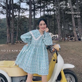 Đầm babydoll hoa nhí cổ bèo phối viền trắng tay dài!