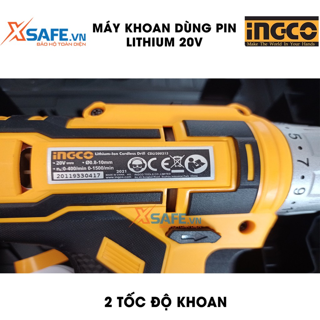 Máy khoan búa dùng Pin Lithium 20V INGCO CDLI200215 Kèm 2 pin 1 sạc, hai tốc độ 0-400/min và 0-1500/min - chính hãng