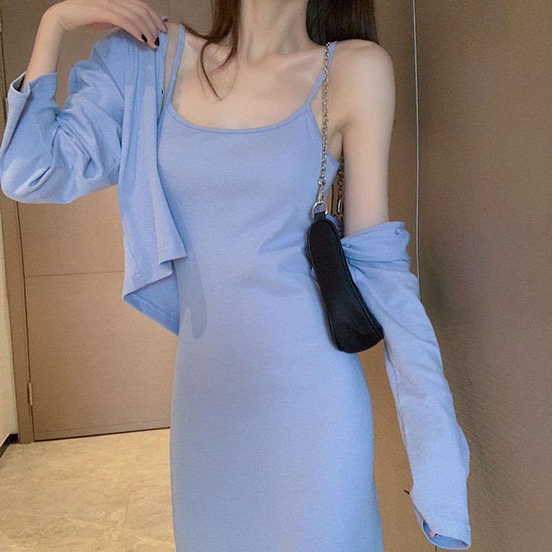 Bộ đầm hai dây có áo khoác tay dài kiểu dáng ôm eo phong cách phương tây thời trang mùa thu
