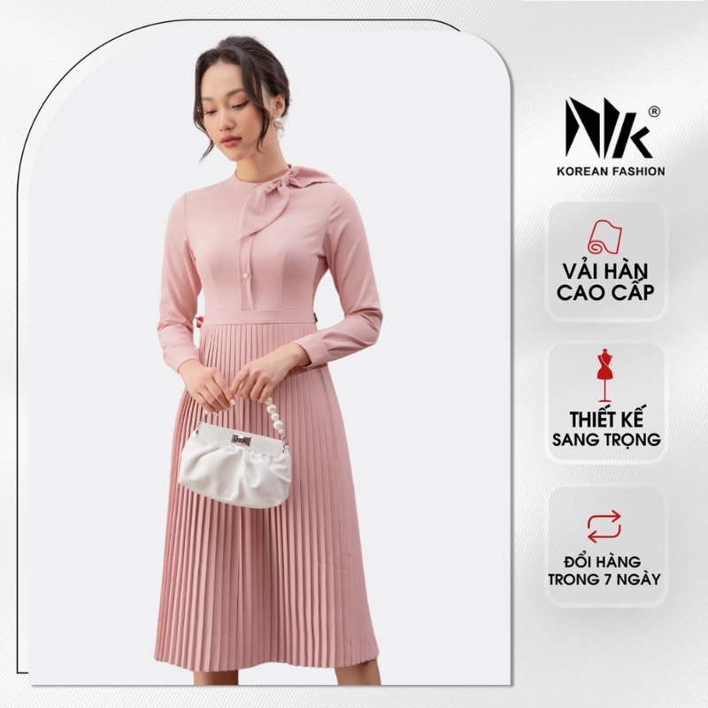 Đầm Dập Ly Nơ Cổ Dáng Dài Điệu Đà Trẻ Trung NK Fashion, Chất Liệu Vải Nhập Hàn Không Nhăn, Co Dãn Nhẹ NKDV2111002