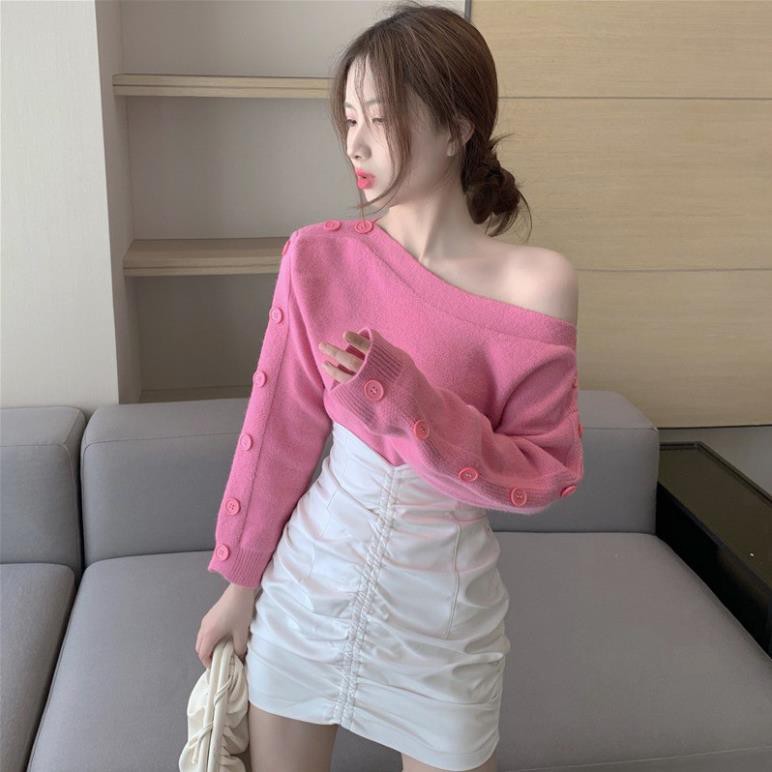 Hot ◈✸Áo len dệt kim thu đông mới nữ dài tay lệch vai hồng phiên bản Hàn Quốc rời mặc ngoài cổ điển mỏng trên cùng ! ་
