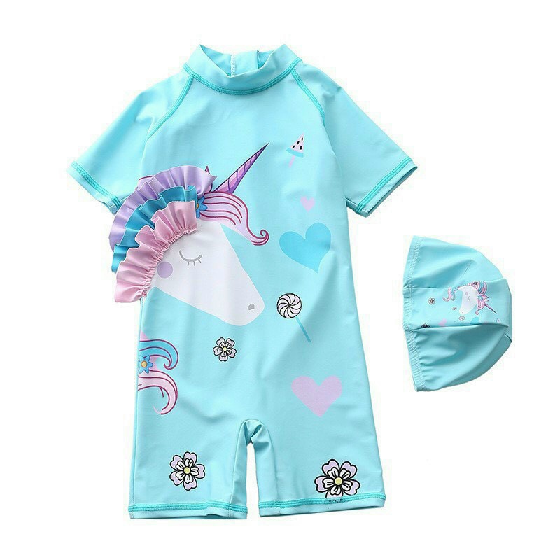 Đồ bơi bé gái liền unicorn xanh