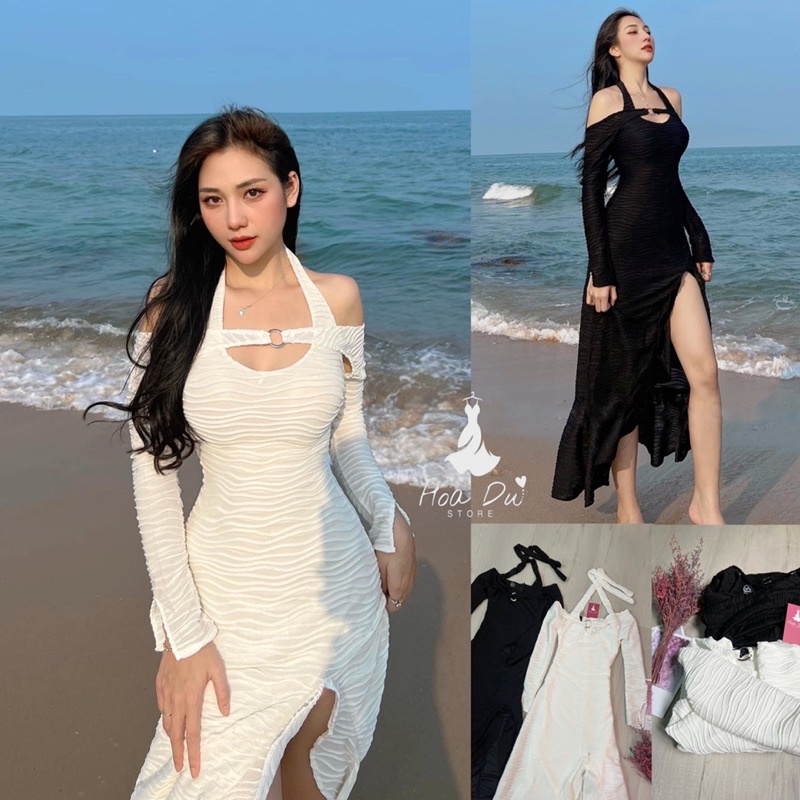 Đầm maxi trễ vai khoen ngực cổ yếm xẻ tà đi biển quyến rũ, tiệc tùng sang chảnh