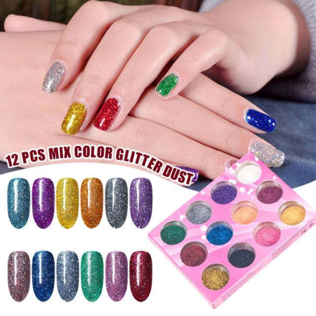 Bộ 12 hủ kim tuyến trang trí móng, make up, DIY.