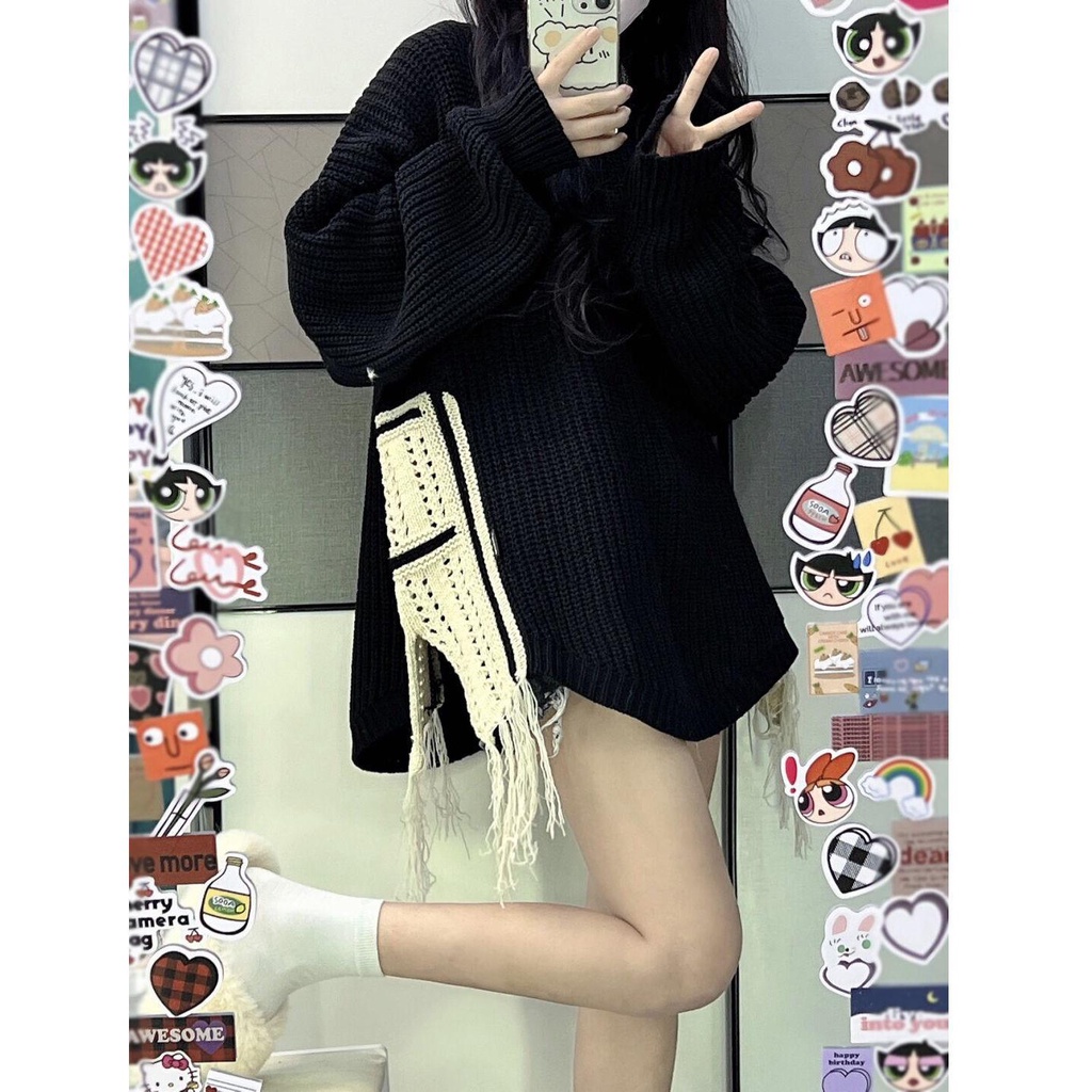 Áo Sweater Cổ Tròn Dáng Rộng Màu Đen Phối Tua Rua Phong Cách Hip Hop Đường Phố Hàn Quốc Thời Trang Thu Đông Cho Nữ