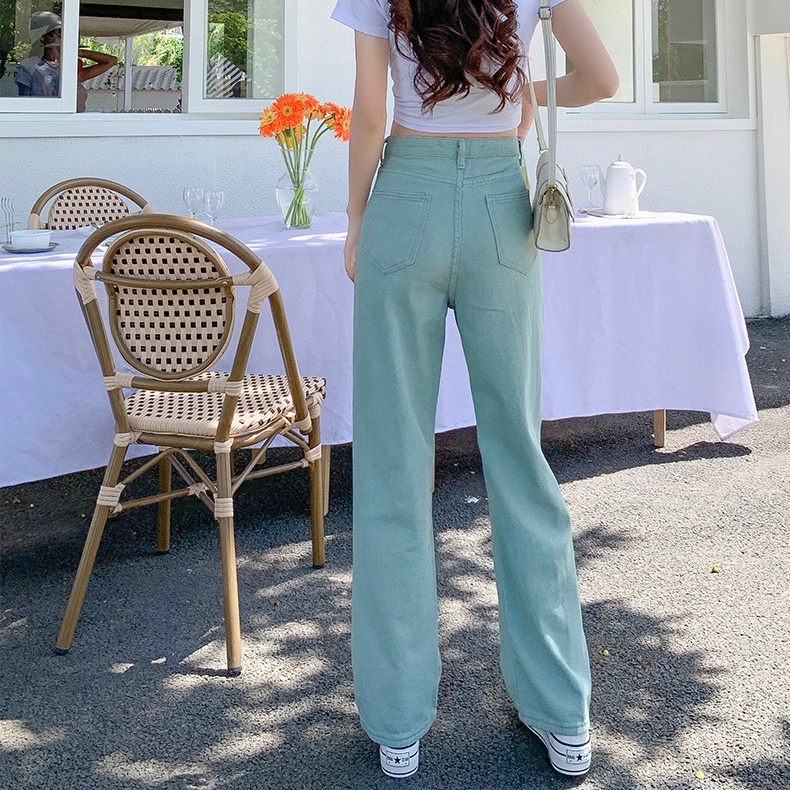 Quần jeans dài SUXI lưng cao ống rộng màu sắc đơn giản thời trang xuân hè cho nữ