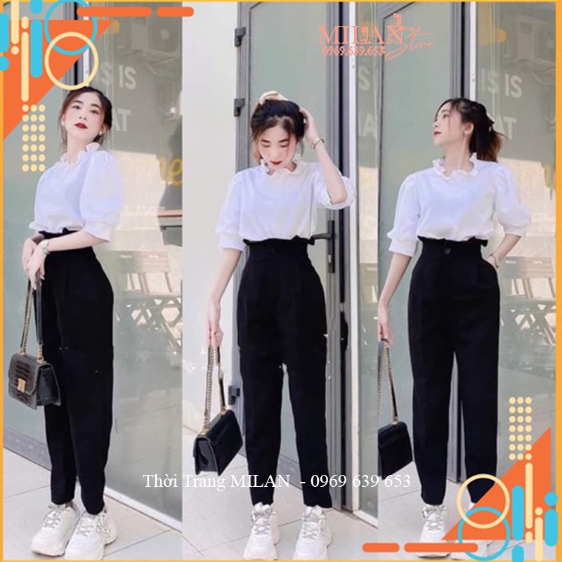 ▲✠♗Quần baggy cạp bèo cao 2 tầng xếp ly dáng tây nữ đi học lưng kiểu vải sinh làm công sở cách điệu