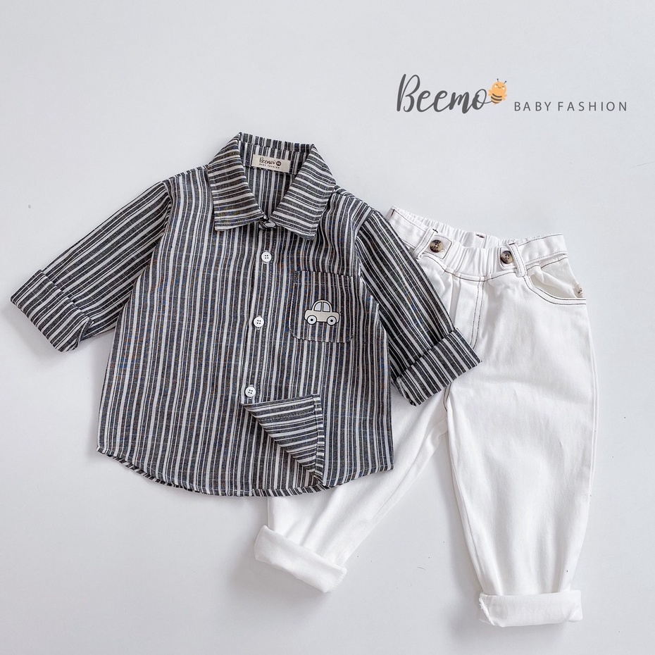 Bộ sơ mi công tử cho bé trai BEEMO, Chất liệu thô hàn, quần kaki trắng B193