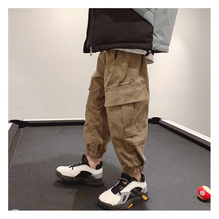 quần dài kaki bé trai chất mềm màu nâu có túi dáng jogger có lót lông Shushibaby