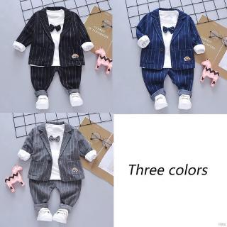 Bộ đồ 3 món áo thun tay dài phối áo khoác vest kẻ sọc và quần thời trang cho bé