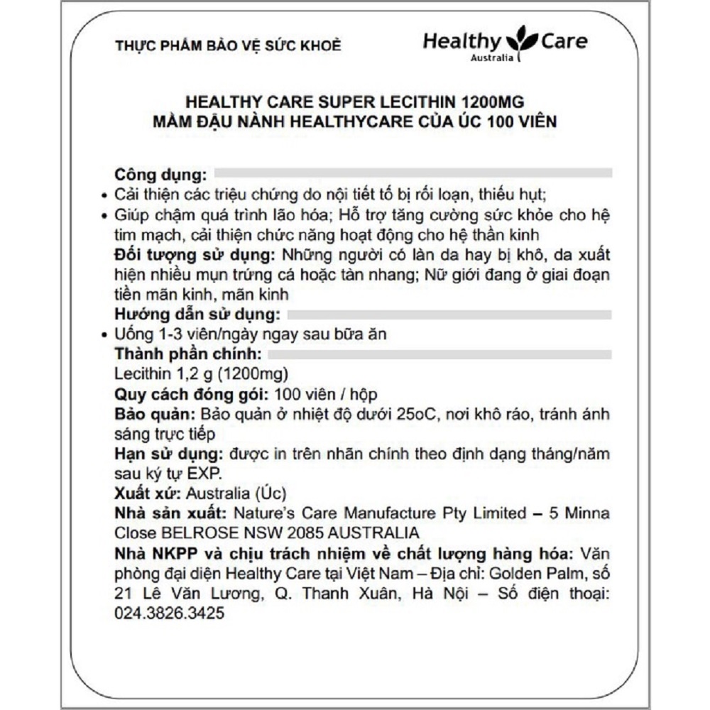 Mầm đậu nành Healthy Care Super Lecithin hỗ trợ điều hòa nội tiết (100 viên)