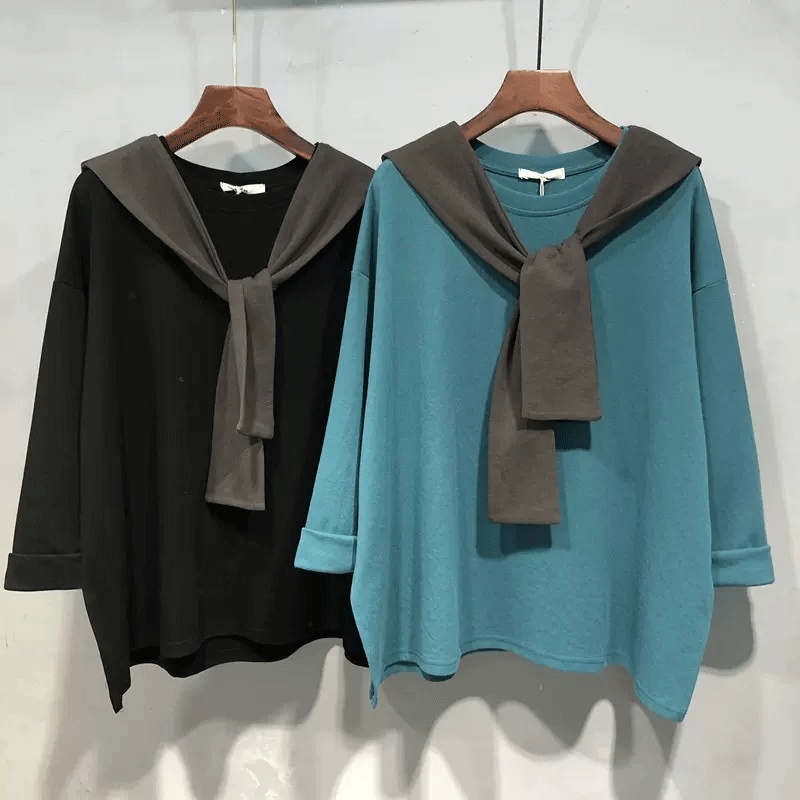 Set Áo Thun Tay Dài Dáng Rộng Màu Sắc Trơn Phối Khăn Choàng Thời Trang Mùa Thu Cho Nữ