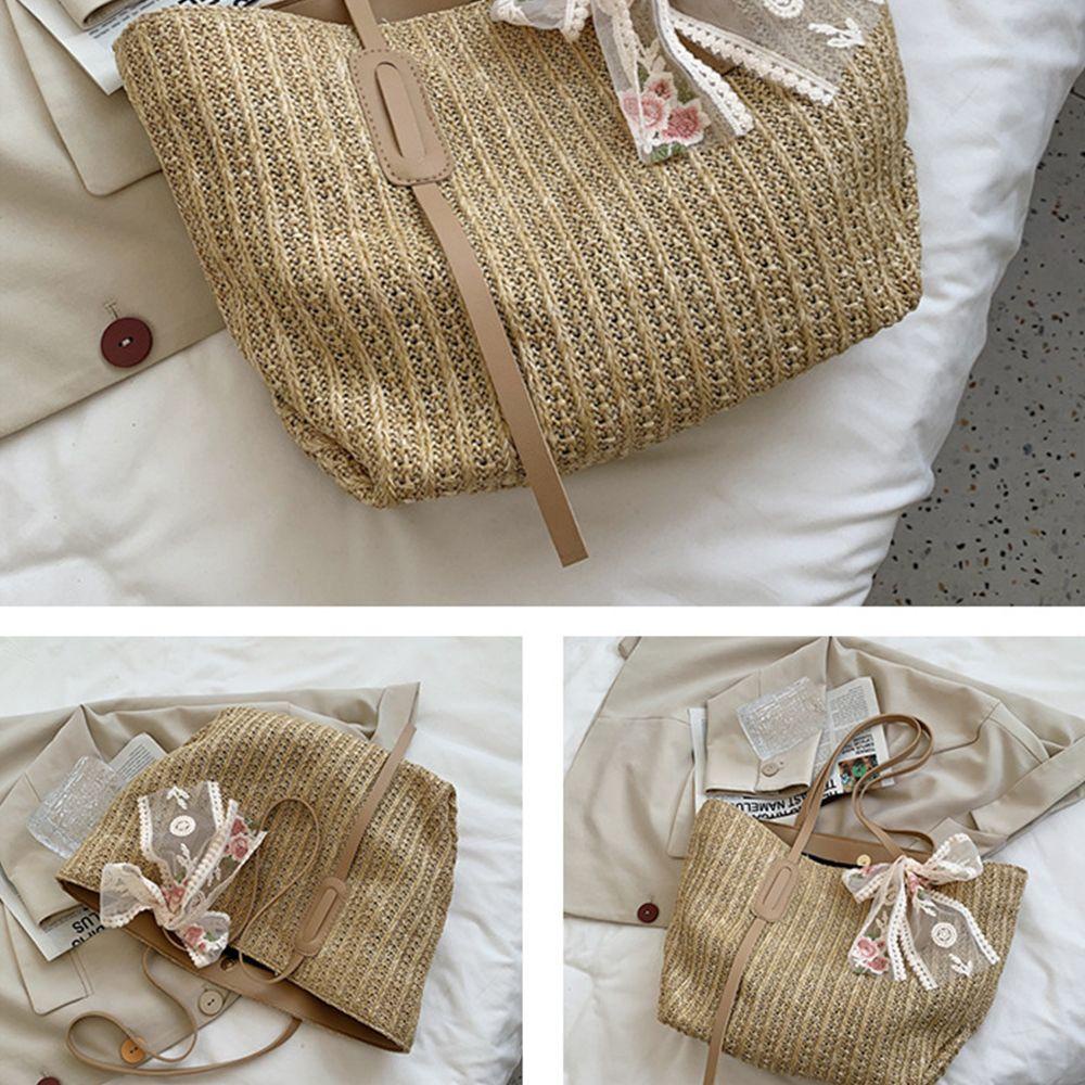 1 Túi Xách Đeo Vai Vải Dệt Phối Ren Cỡ Lớn Phong Cách Vintage Thời Trang Mùa Hè