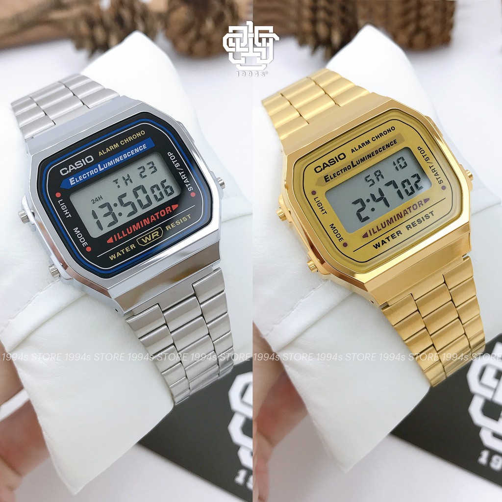 Đồng hồ nam/nữ Casio A168WA-1 / A168WG-9 dây thép không gỉ, chống nước 50m, size 36mm, hàng chính hãng