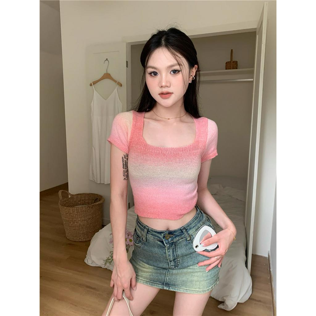 Áo Thun Dệt Kim Cổ Vuông Ngắn Tay Dáng Ôm Màu Gradient Thời Trang Dạo Phố Cá Tính 628