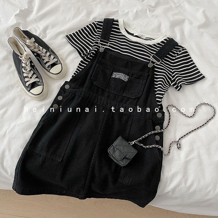 Set Trang Phục/Set Đồ Áo Croptop Kẻ Ngang Ngắn Tay + Váy Yếm Ngắn Xinh Xắn Cho Nữ