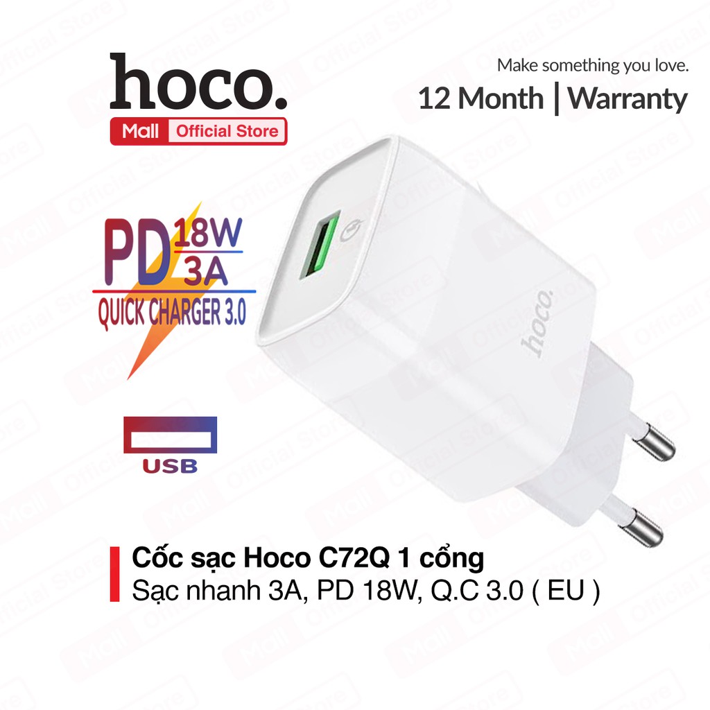 Củ sạc nhanh Hoco C72Q 1 cổng USB sạc nhanh 3A, PD 18W, tương thích với nhiều thiết bị ( EU )