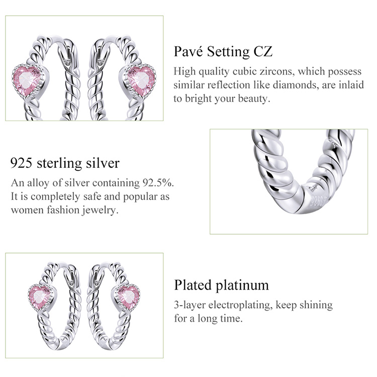 BAMOER Bông Tai bạc 925 Đính Đá Zircon Màu Hồng Thời Trang Cho Nữ SCE1081