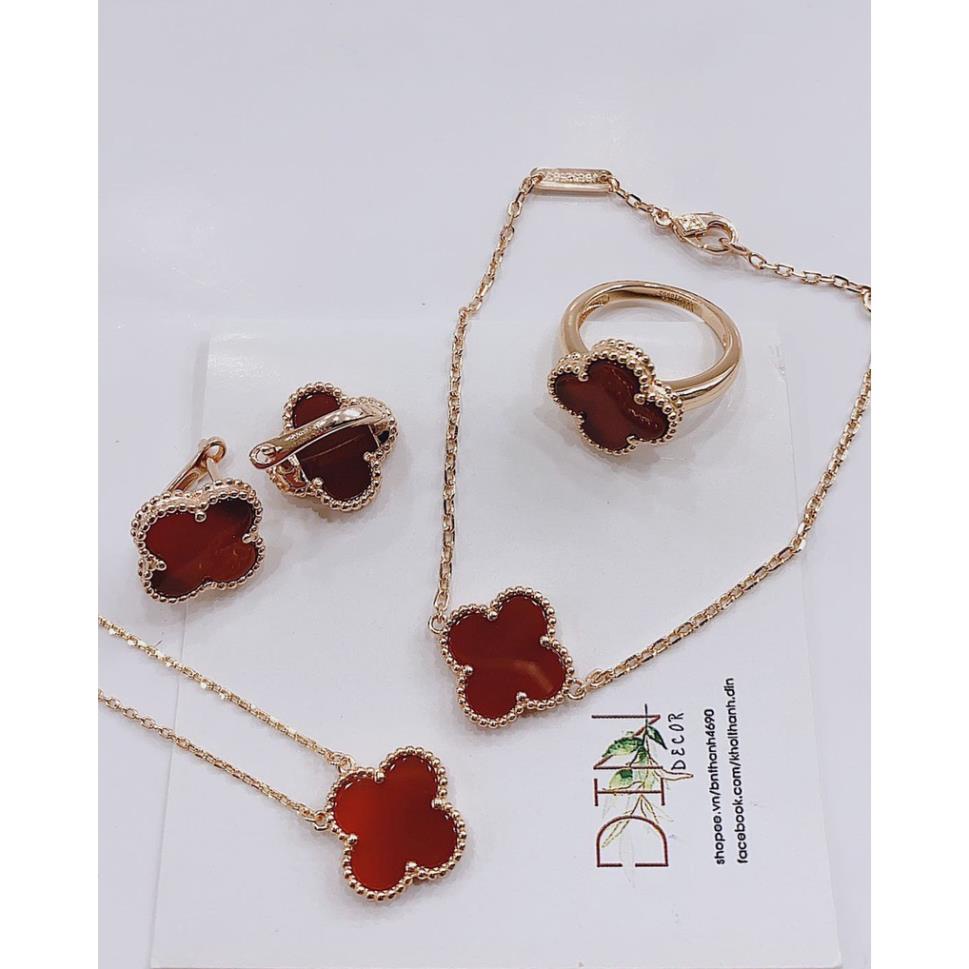 Combo Dây Chuyền, Bông Tai, Nhẫn, Lắc Tay Bạc Xi Vàng Cao Cấp Hình Hoa Đá - Hồng Thái Jewerly