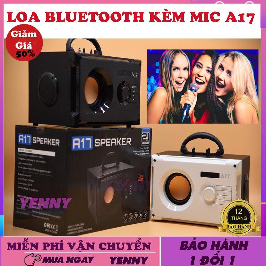 [TẶNG KÈM MIC] Loa Karaoke Bluetooth Công Suất Lớn CÓ MIC A17 - Dung Lượng Pin Lớn Sử Dụng Liên Tục 5-6 Tiếng