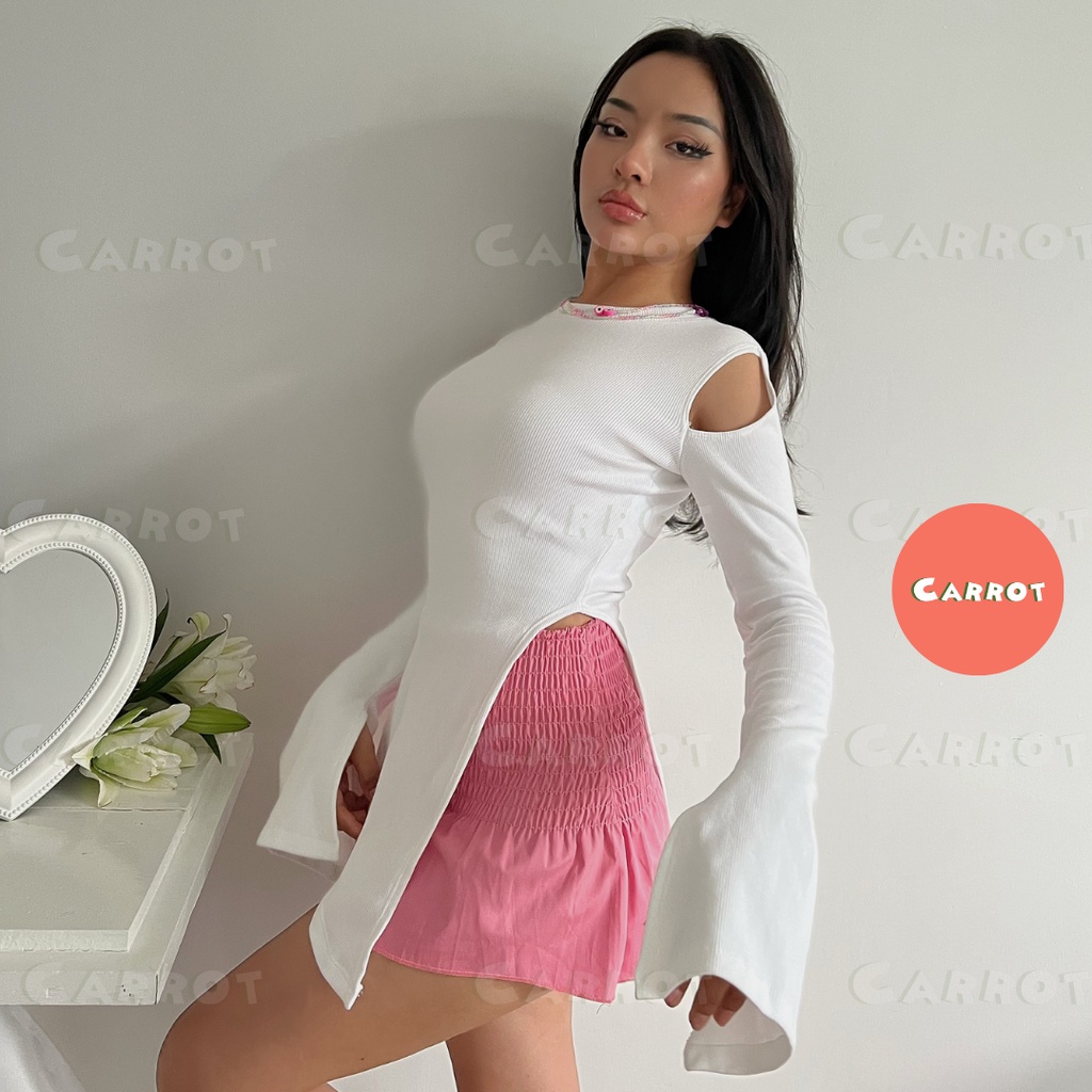 Croptop ôm tay dài trắng áo body nhúm chân váy tôn dáng trendy thời trang nữ carrotxinhdep