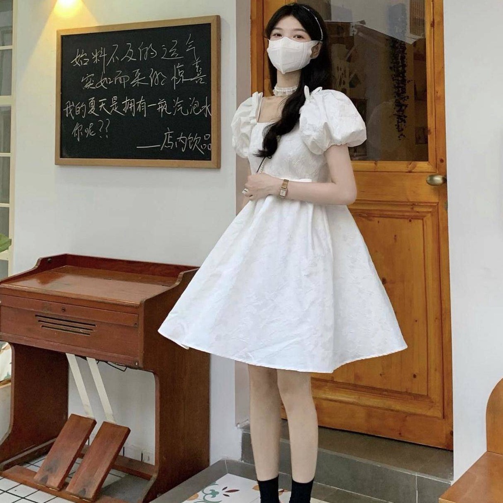 Váy babydoll đầm babydoll Đầm Cổ Vuông Eo Cao Đính Nơ Phong Cách Hàn Quốc Ngọt Ngào Thời Trang Mùa Hè Dành Cho Nữ