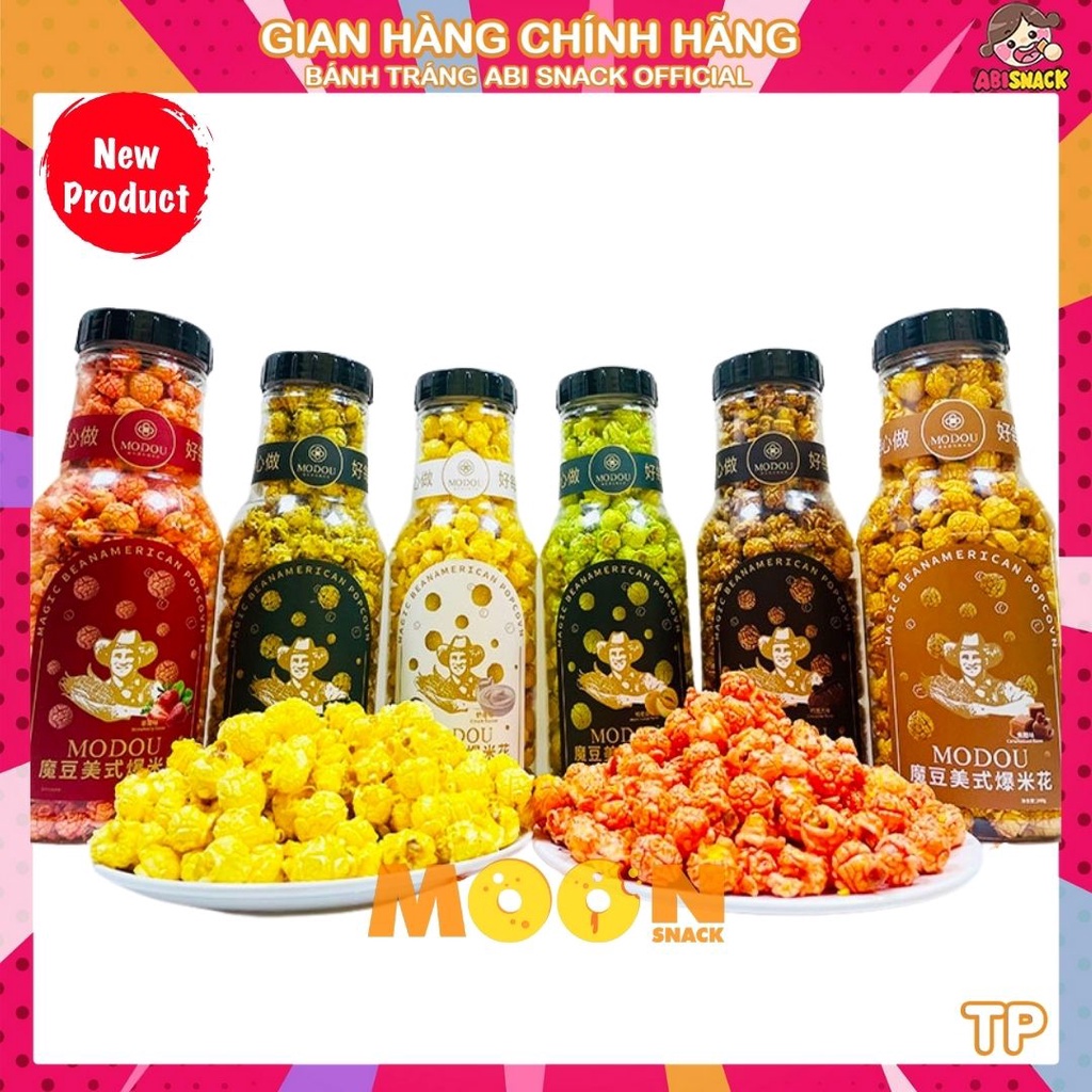 Bỏng ngô bắp rang bơ 6 vị độc  quyền dâu-sữa-caramel-socola-dưa lưới-rong biển có ngăn bỏ ống ăn liền Modou chai 240g