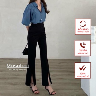 Quần vải ống loe cạp cao xẻ gấu túi thật thời trang mosohali