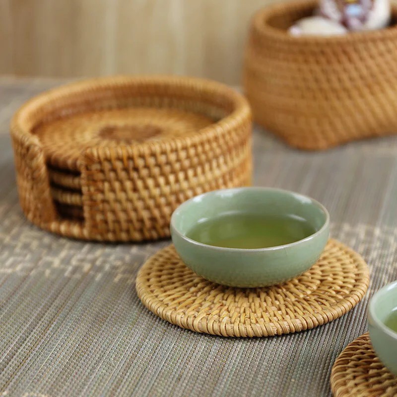 Bộ Lót Ly, Lót Cốc Chén VỪNG DECOR Bộ Này Có Hộp Đựng, Chất Liệu Mây Tự Nhiên- Hàng VNXK