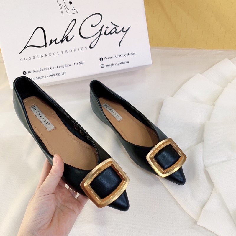 GB49 - Giày búp bê, giày bệt mũi nhọn da lì nơ khoá vuông siêu mềm dẻo hàng quảng châu cao cấp ( ảnh thật, kèm video)