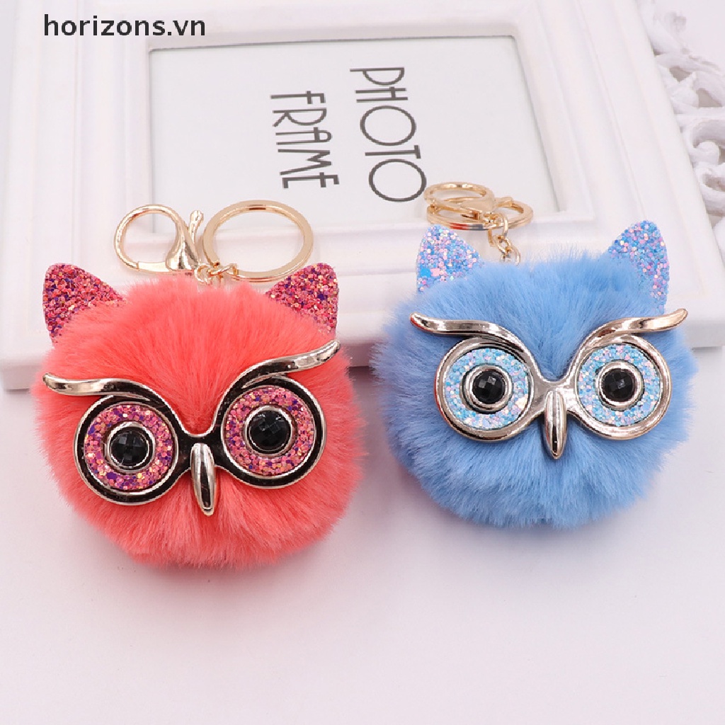 Móc khóa hình cú mèo đính banh lông nhân tạo dễ thương cho nữ