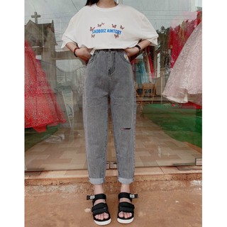 Quần jeans nữ baggy thêu hoa cúc dáng trơn cạp cao may gấu