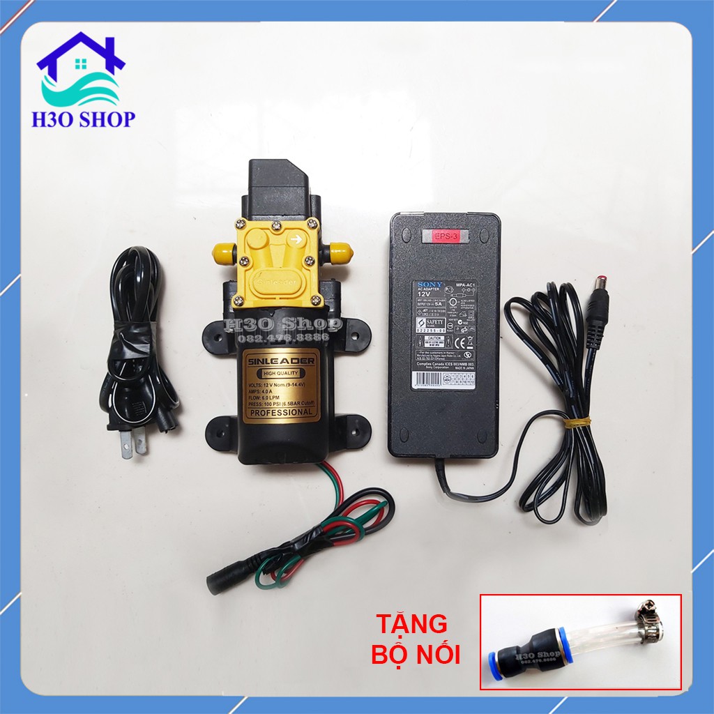 Máy Bơm Tăng Áp 12V SINLEADER Kèm Nguồn 12V/5A - Lưu Lượng 5L/phút Làm Bộ Rửa Xe, Phun Sương, Tưới Cây, Tưới Lan...