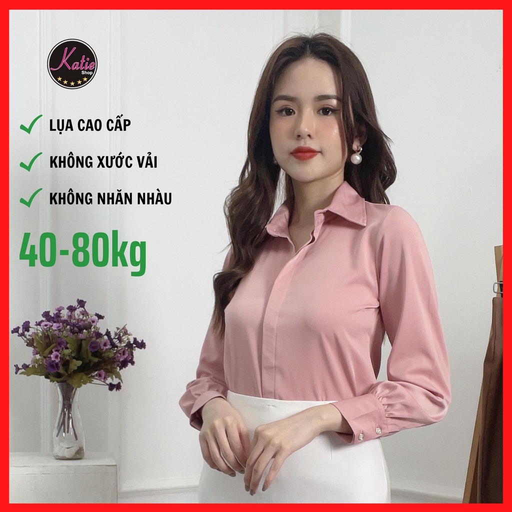 Áo Sơ Mi Nữ Màu Hồng Katie Sơ Mi Tay Dài Chất Áo Lụa Ngọc Trai Cao Cấp Nhiều Màu Sang Trọng Mềm Mịn Không Nhăn Al
